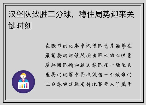 汉堡队致胜三分球，稳住局势迎来关键时刻